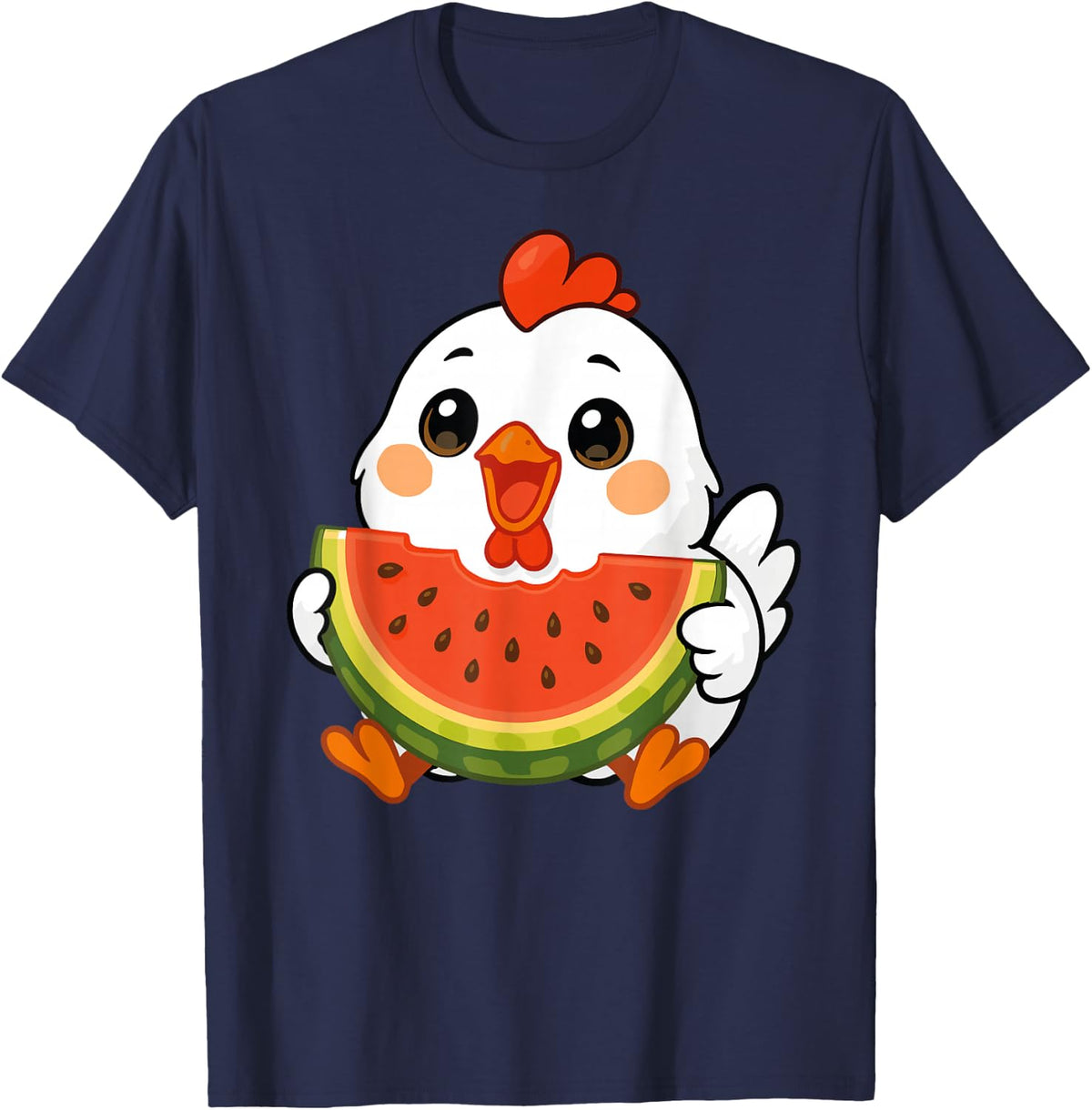 Kawaii Chicken Eating Watermelon Tees Summer Fruit T-Shirt for Chicken Lovers - Navy Blue