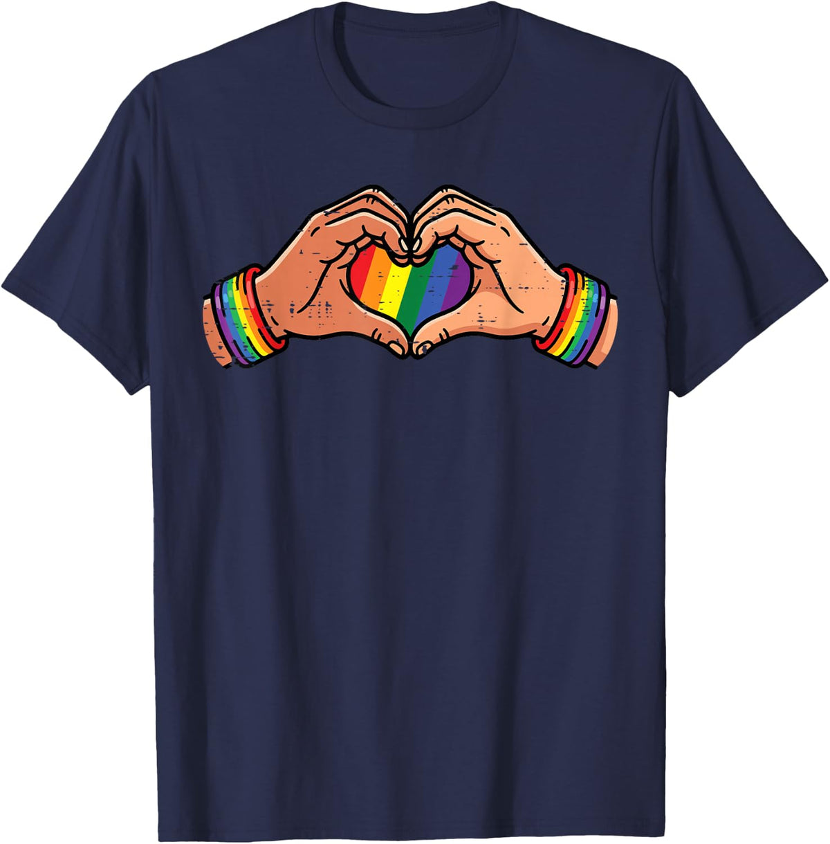 Rainbow Gay Heart Hands LGBT Pride Month Love Ally Women Men T-Shirt - Navy Blue