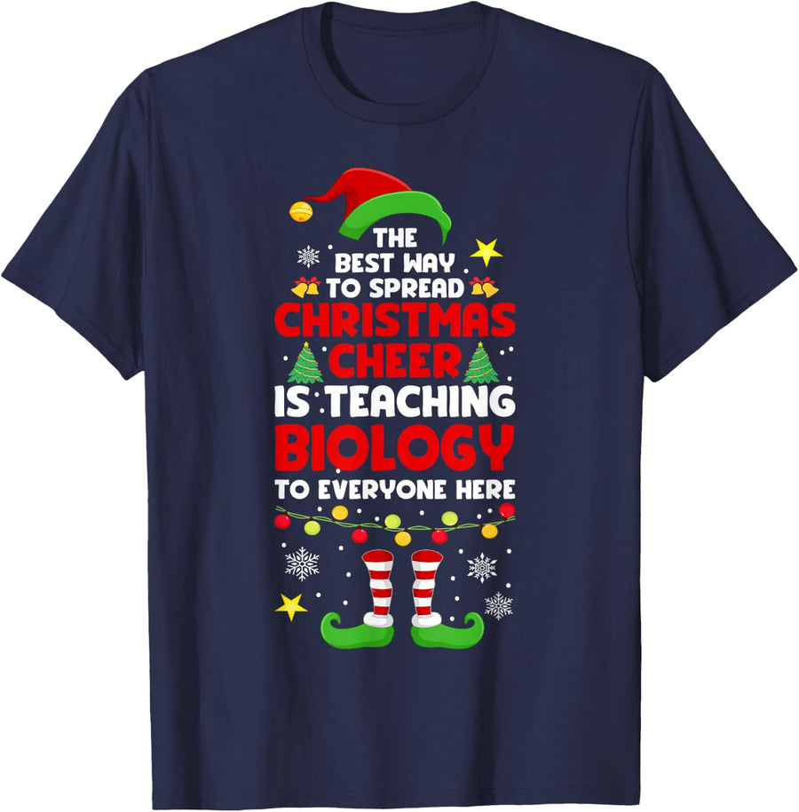 Christmas Biology Teacher Funny Xmas T-Shirt Tee for Science Teachers Holiday Cheer - Navy Blue