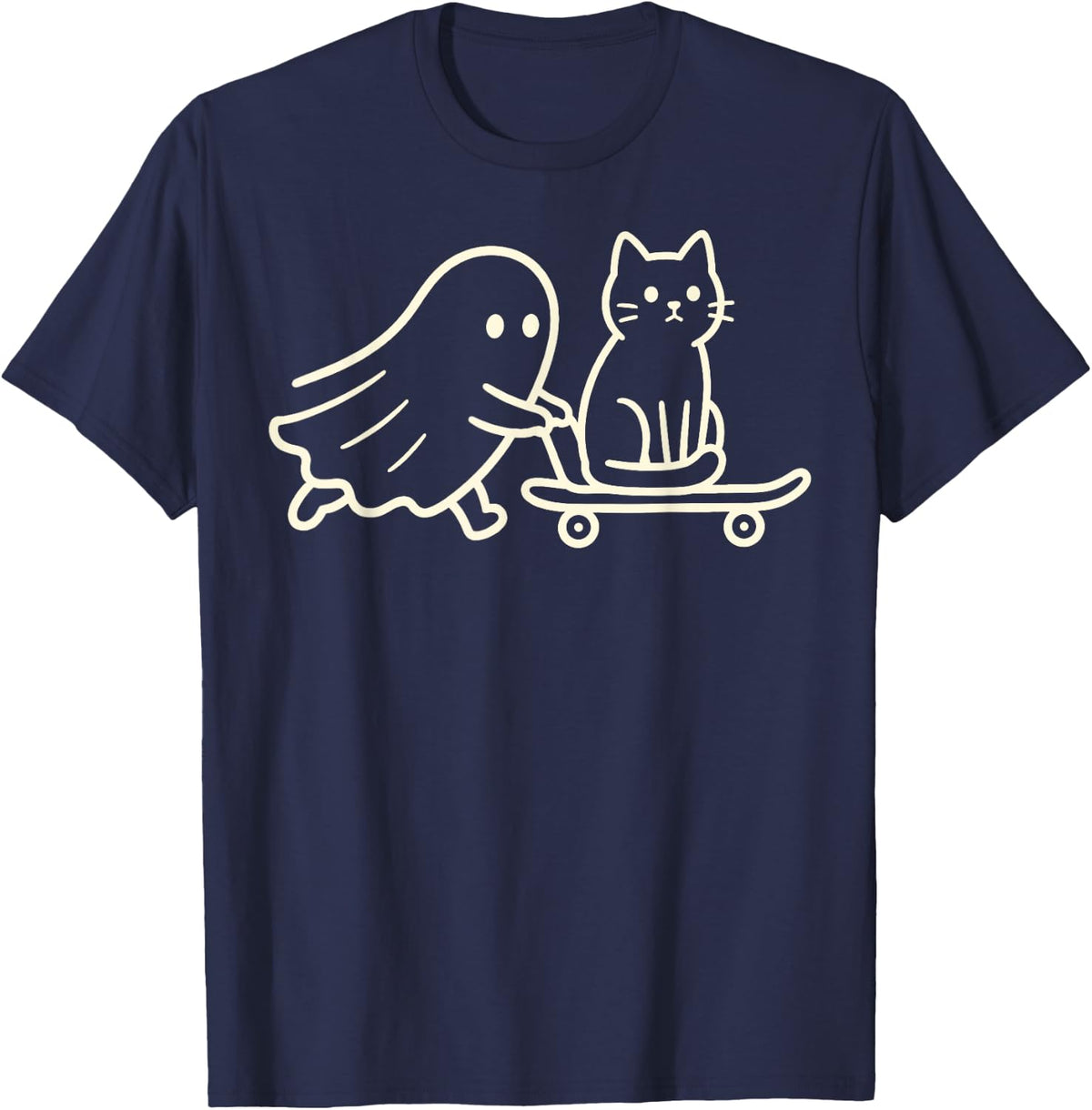 Cat Ghost Skateboard Funny Halloween Lover Humor Witch T-Shirt - Navy Blue