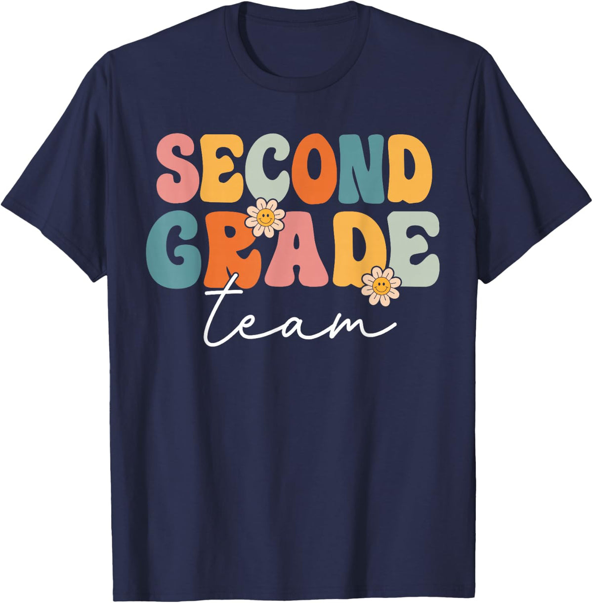 Second Grade Team Retro Groovy Back To School 2nd Grade T-Shirt - Navy Blue