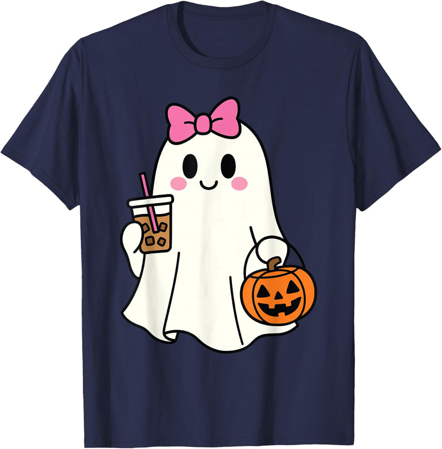 Halloween Ghost Drinking Coffee iced Coffee Costume Women T-Shirt - Navy Blue