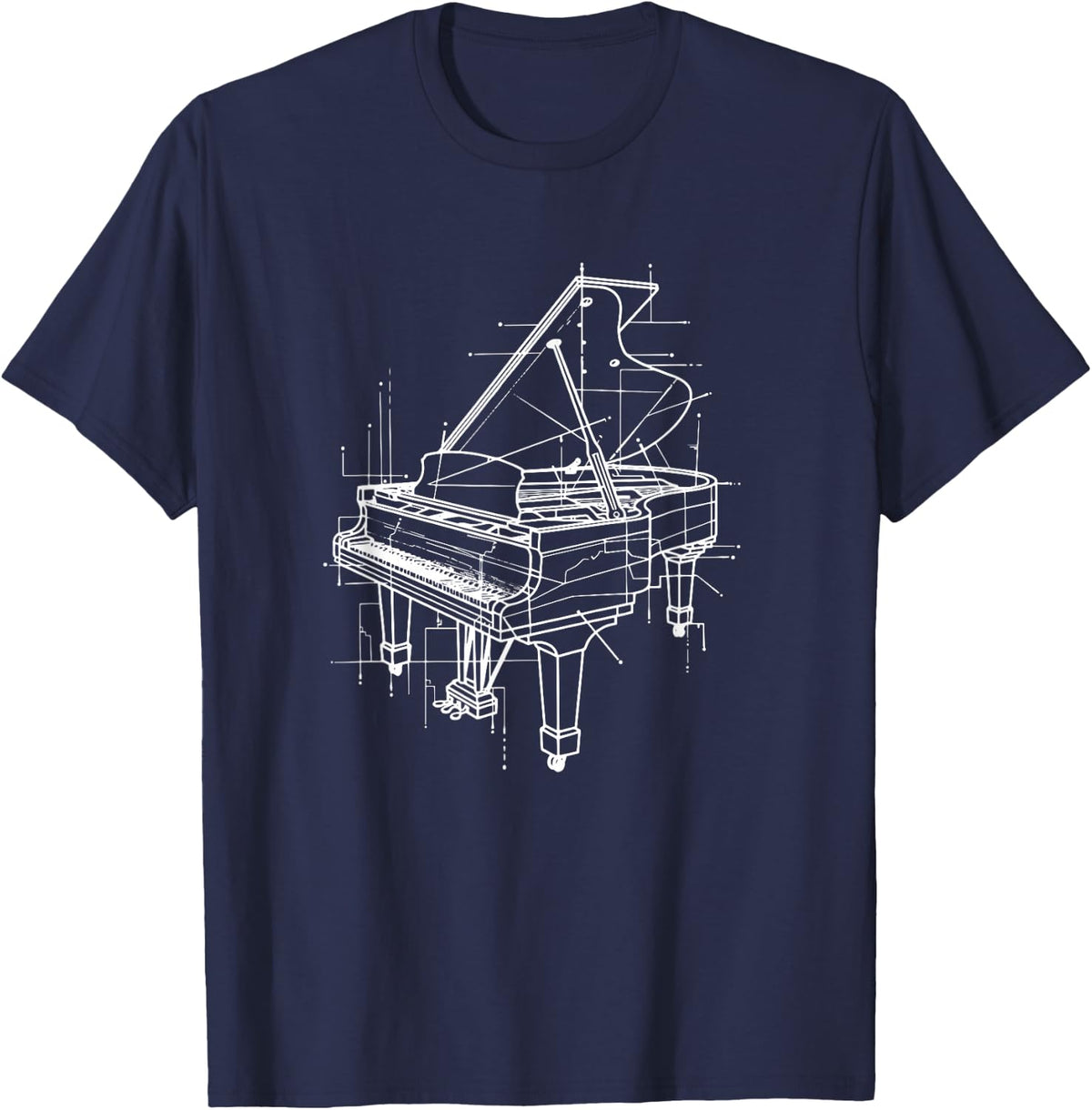 Grand Piano Schematic Line Art Classical Musician T-Shirt - Navy Blue
