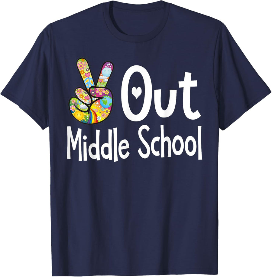 Peace Out Middle School - Last Day of School - Graduate 2024 T-Shirt - Navy Blue