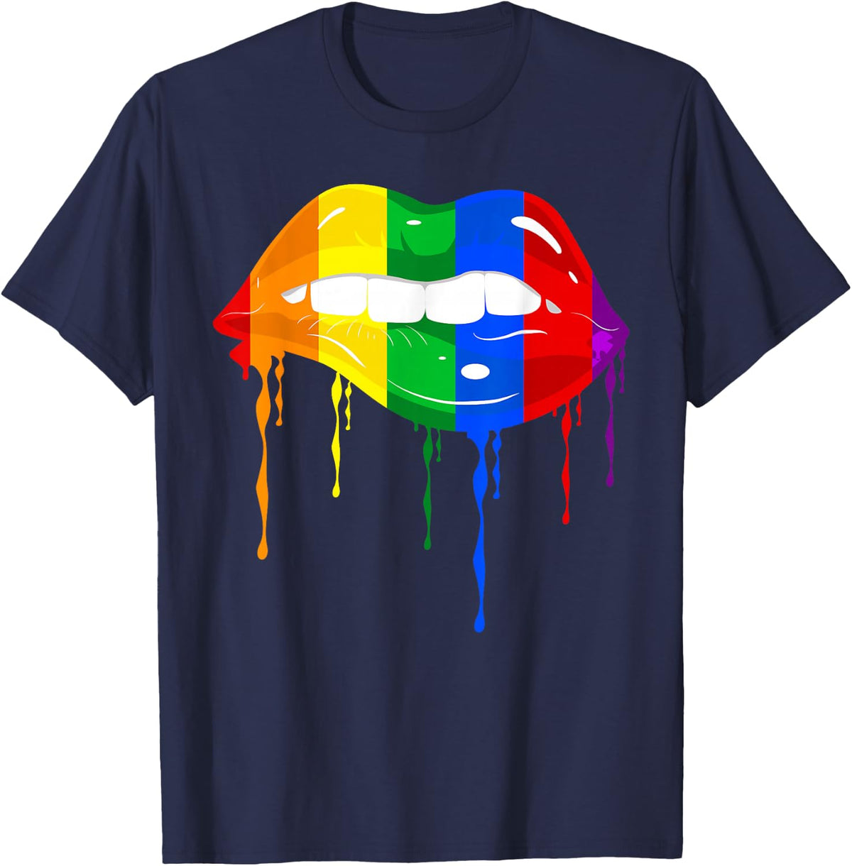 Cute Mouth Lesbian Lips Kissing Rainbow Flag Gay Pride LGBT T-Shirt - Navy Blue