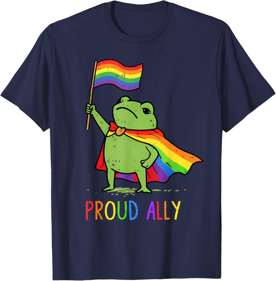Funny Frog Meme Proud Ally Pride Rainbow LGBTQ Gay Lesbian T-Shirt - Navy Blue