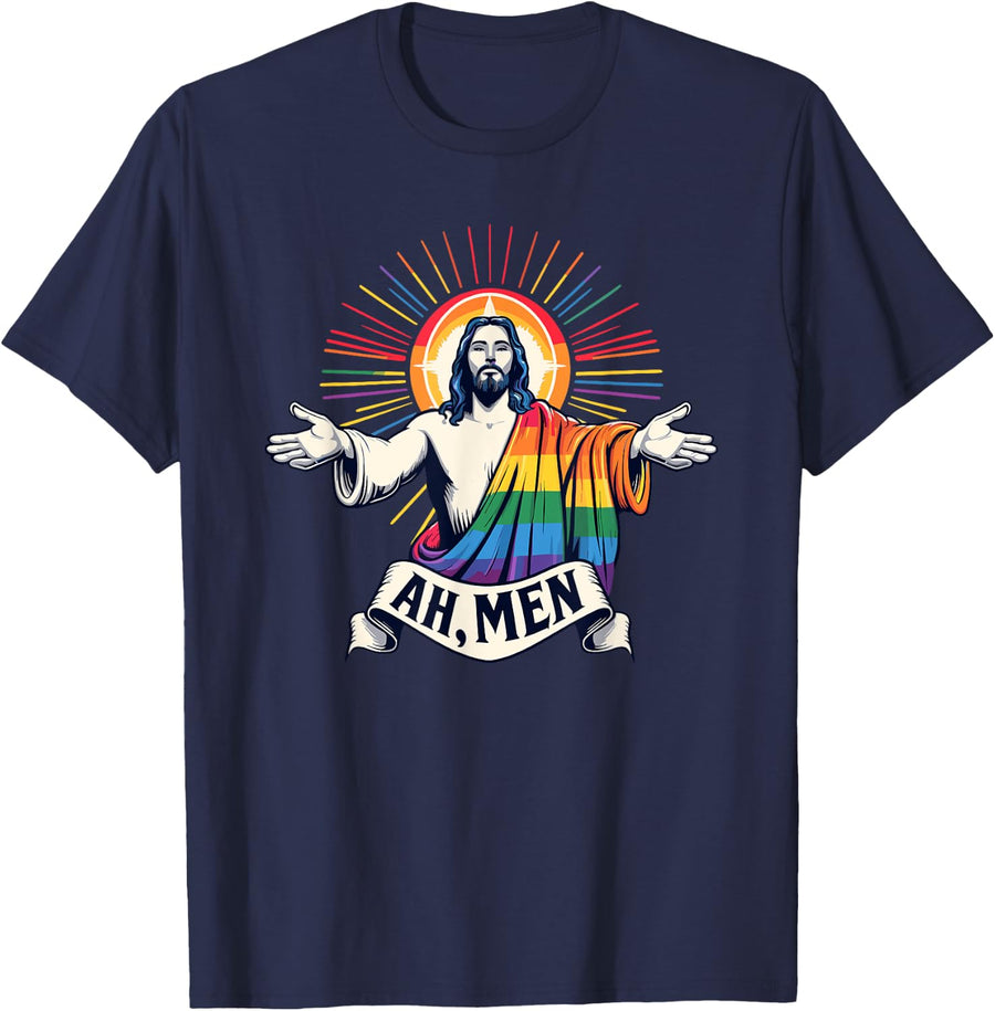 Ah Men Funny LGBT Gay Pride Jesus Rainbow Flag Christian T-Shirt - Navy Blue