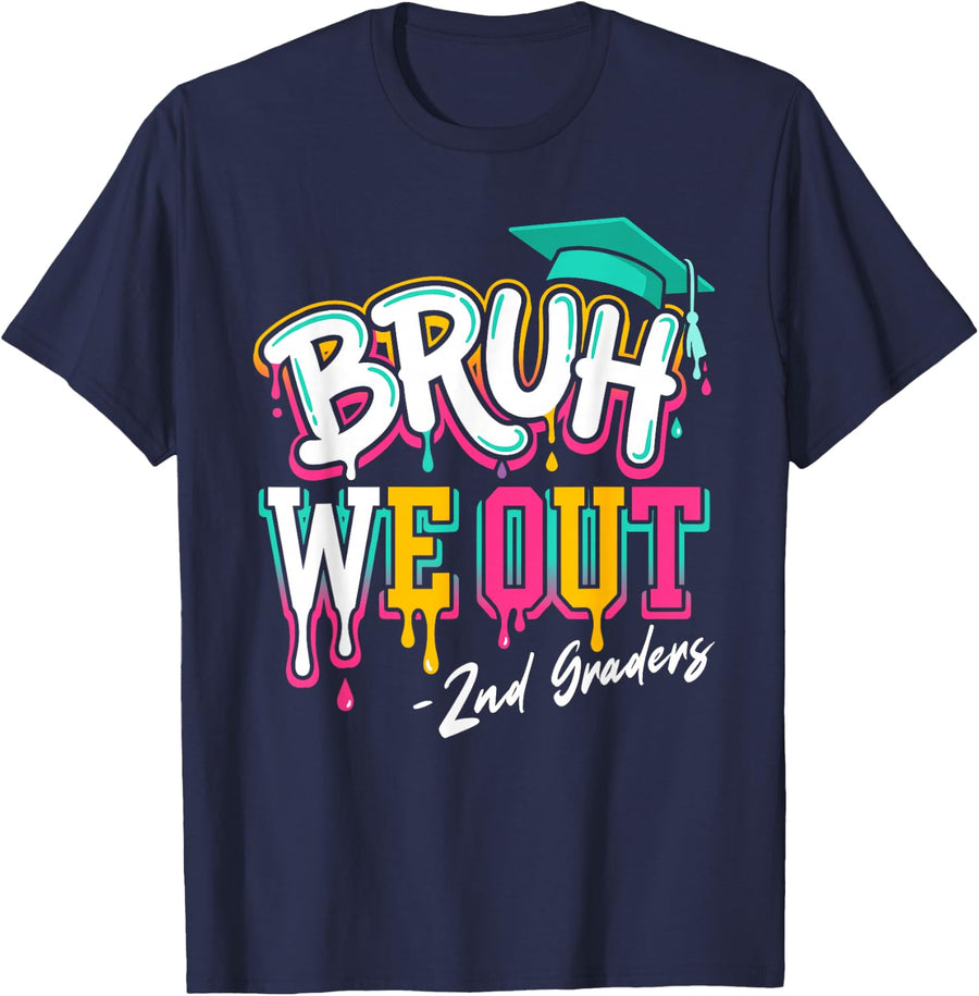 2nd Grade Bruh We Out Graduation Drip Lettering Kids T-Shirt - Navy Blue
