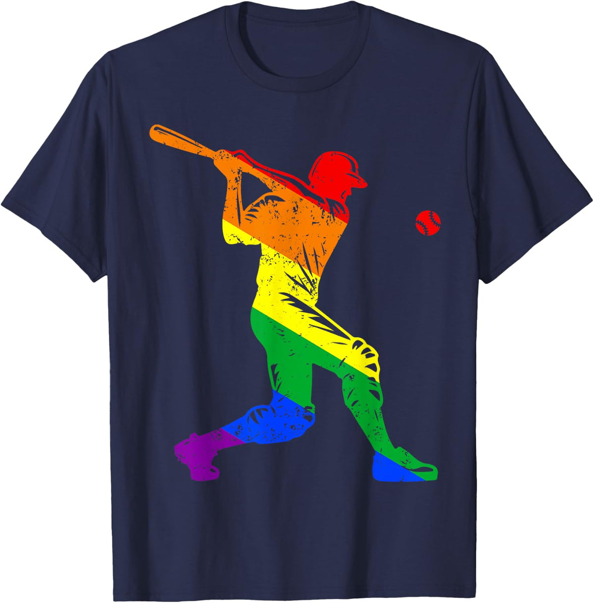 Funny Baseball Player Rainbow Flag Gay Lesbian Pride LGBT T-Shirt - Navy Blue