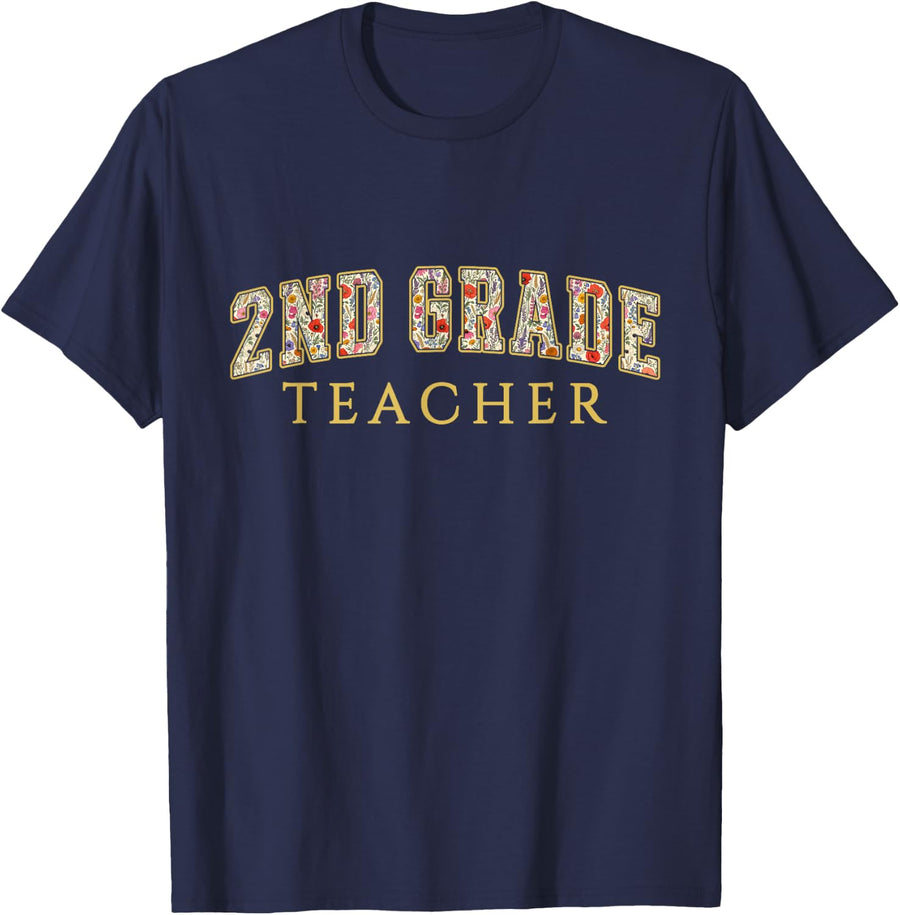 2nd Grade Teacher Wildflower Varsity Letters Second Grade T-Shirt - Navy Blue