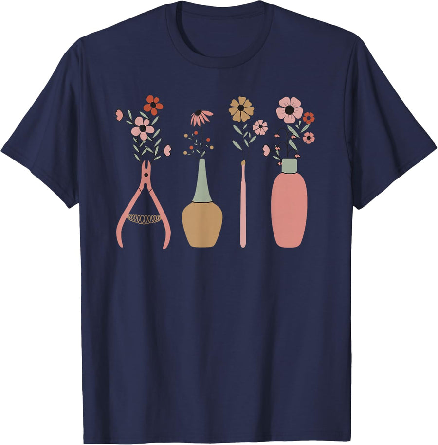 Nail Tech Shirt Retro Wildflower Floral Tees T-Shirts for Nail Technician Manicurist Salon - Navy Blue