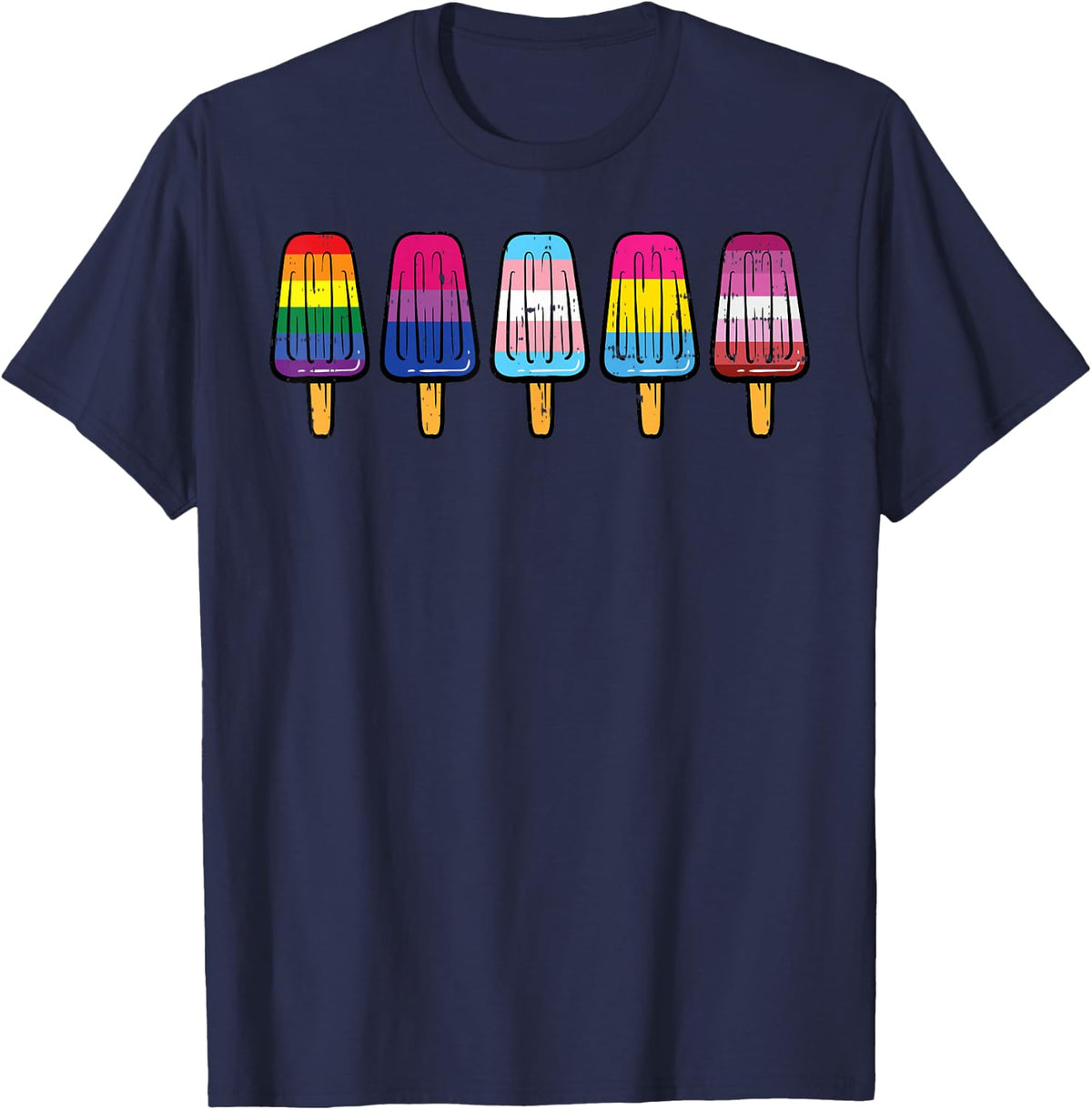 Gay Pride LGBT Flag Popsicles Rainbow Ice Cream Tees T-Shirts Men Women - Navy Blue