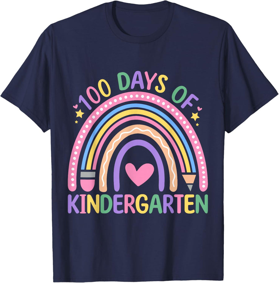 100 Days Of Kindergarten Rainbow Teacher 100 Days Smarter T-Shirt - Navy Blue