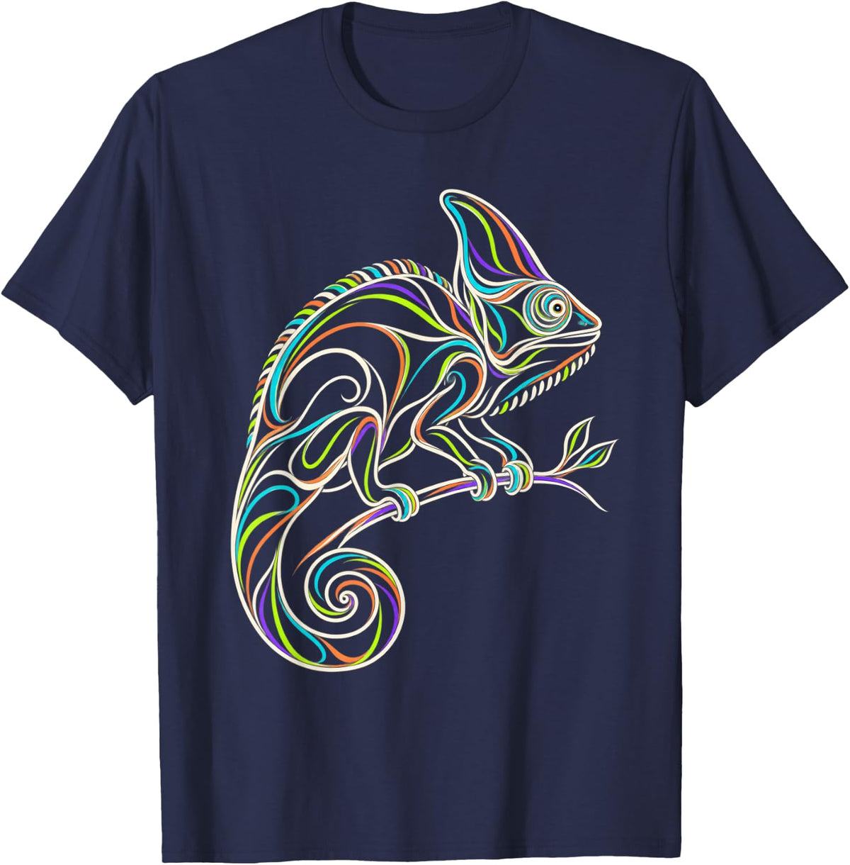 Chameleon Reptile Lover Colorful Swirling Line Art T-Shirt - Navy Blue