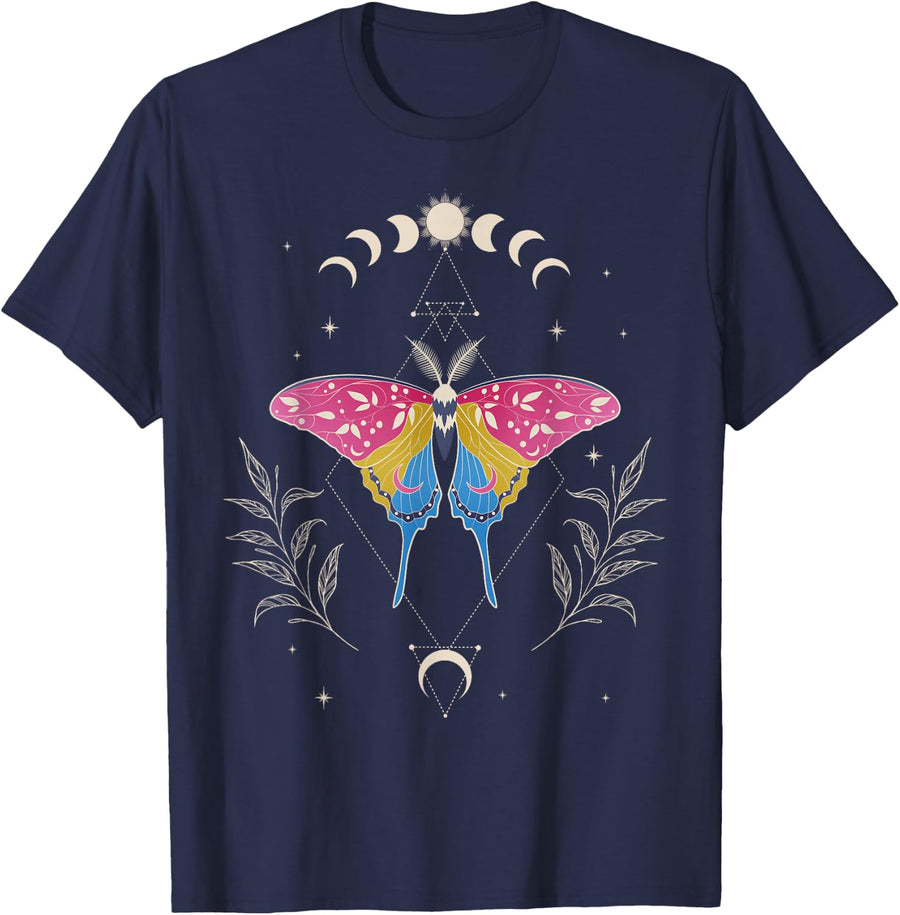 Pansexual Luna Moth Cottagecore LGBT Pride Pan Flag Occult T-Shirt - Navy Blue