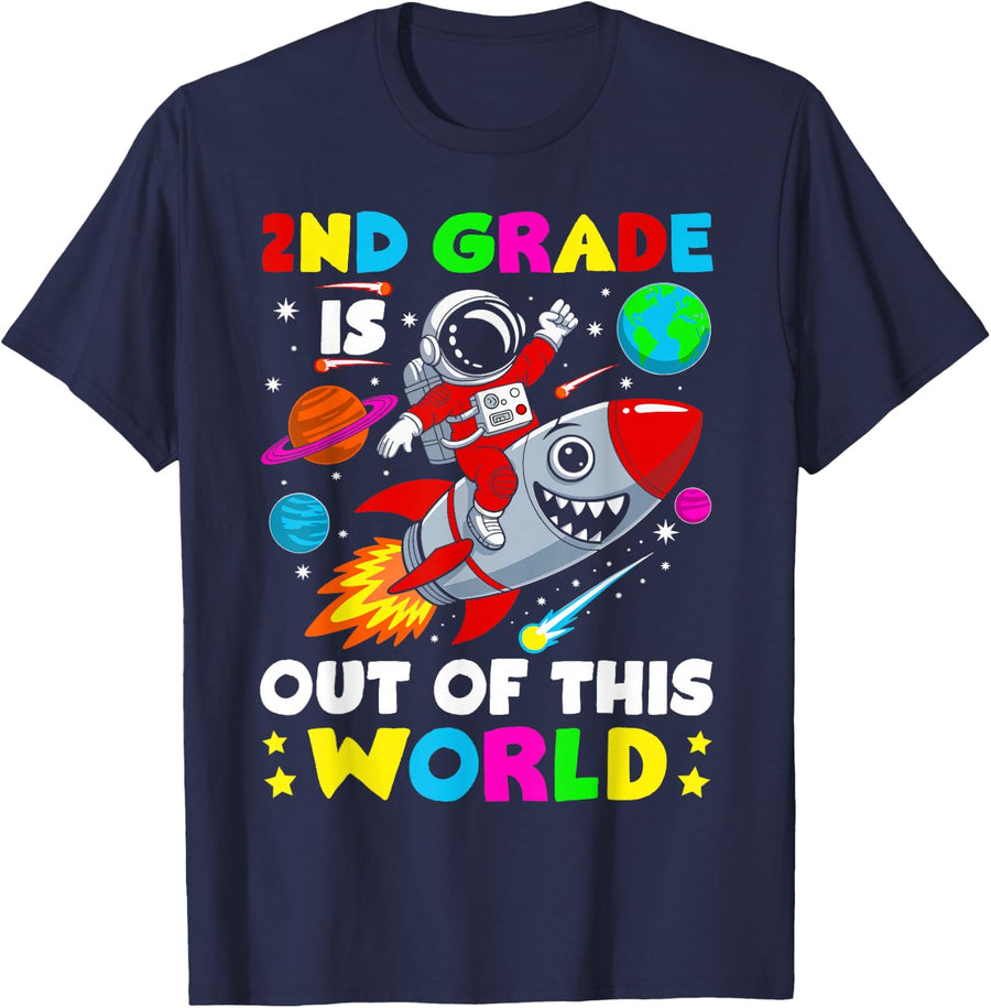 2nd Grade Is out Of This World Space Rocket Planets Teacher T-Shirt - Navy Blue