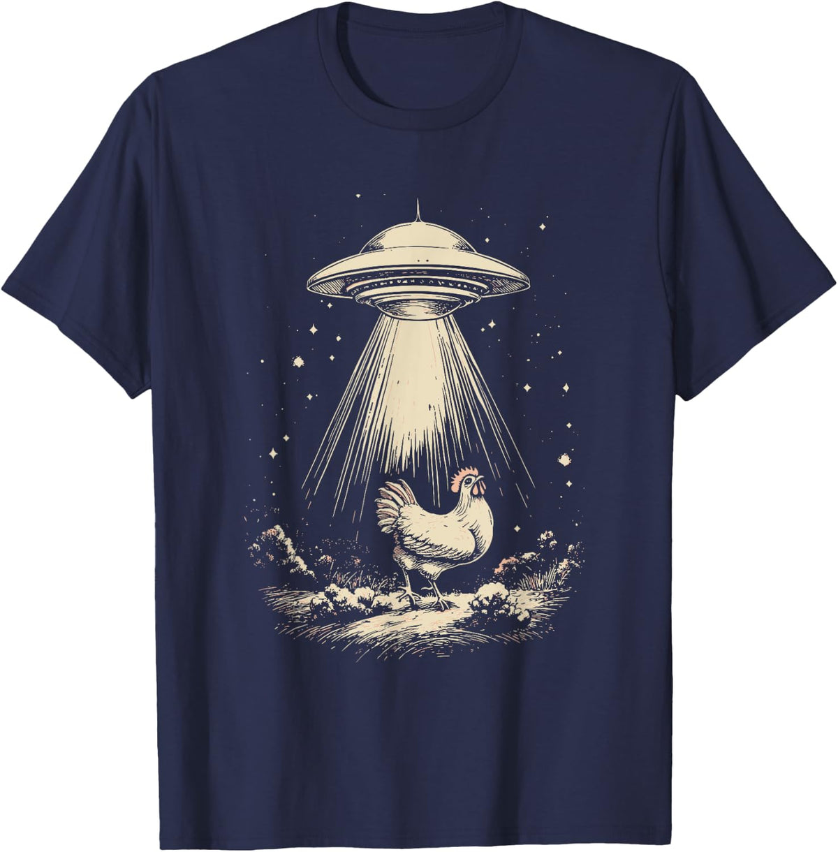Funny UFO Chicken Abduction Vintage Alien Beam Chicken Lover T-Shirt - Navy Blue