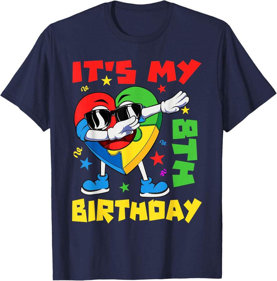 It's My 8th Birthday Dabbing Puzzle Pieces Autism Awareness T-Shirt - Navy Blue