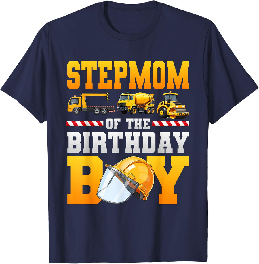 Stepmom of The Birthday Boy Excavator Construction Family T-Shirt - Navy Blue