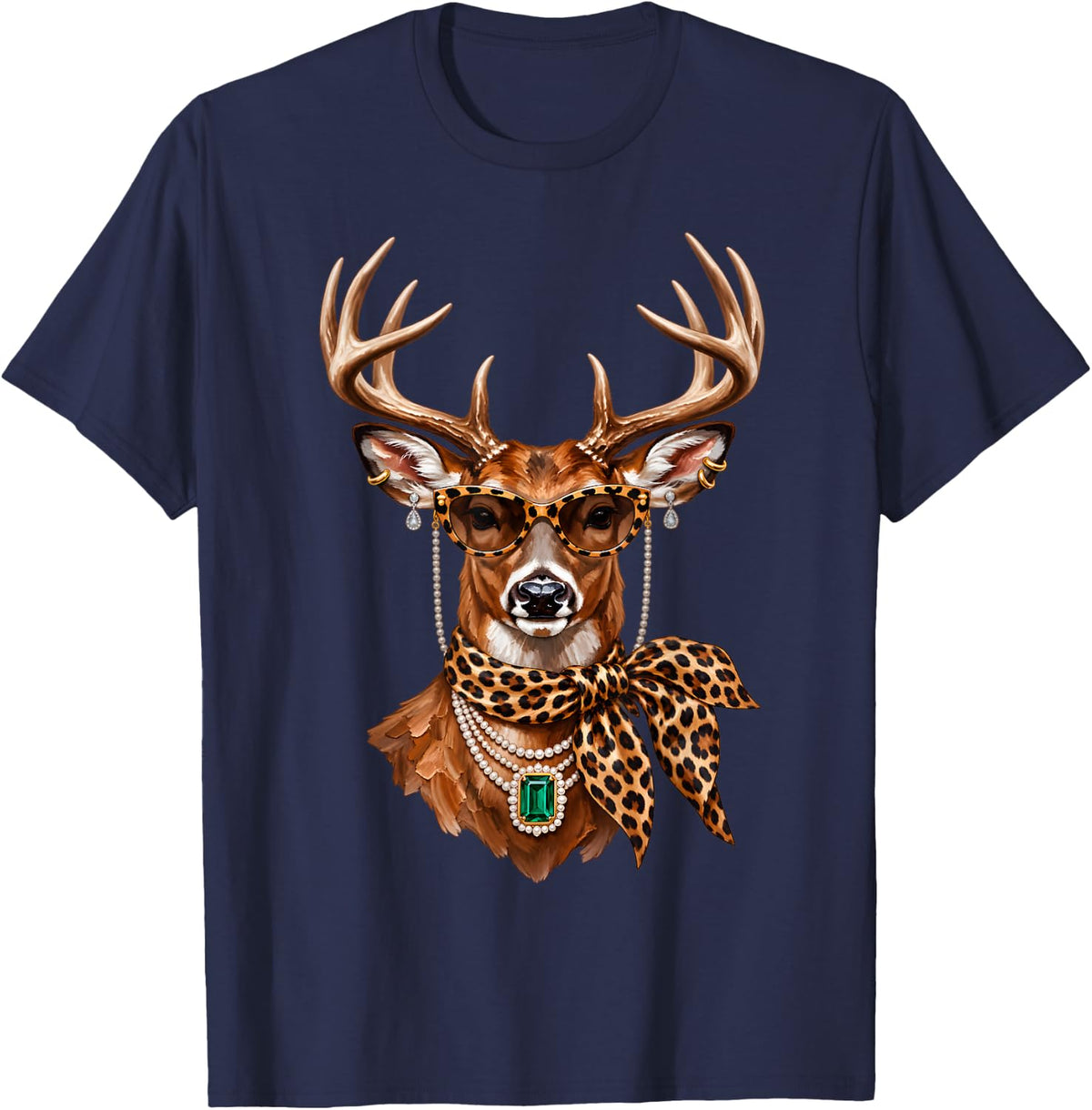 Whitetail Deer Wearing Leopard Sunglasses Necklace Hunting T-Shirt - Navy Blue