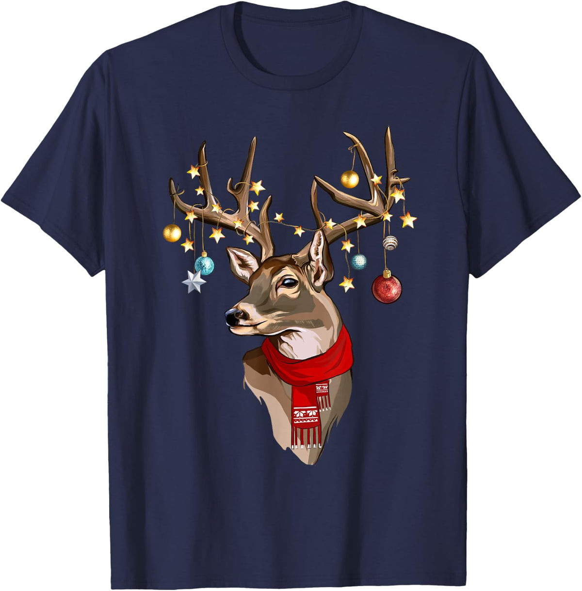 Buck Deer Antlers Christmas Lights Scarf Xmas Tees T-Shirts for Holiday Party - Navy Blue