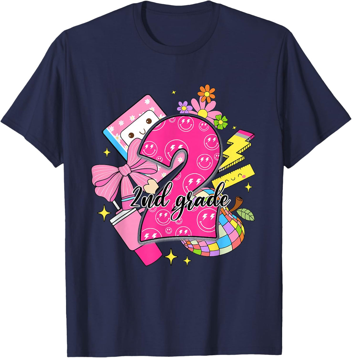 2nd Grade Back To School Teacher Girl Coquette Bow Tee T-Shirt - Navy Blue