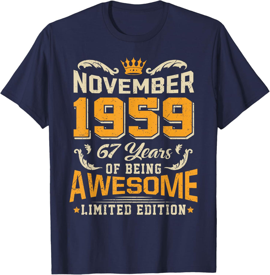 November 1959 Vintage 67 Years Awesome 67th Birthday T-Shirt - Navy Blue