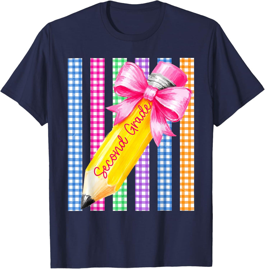 Back to School 2nd Grade Pencil Bow Teacher Women Girl T-Shirt - Navy Blue