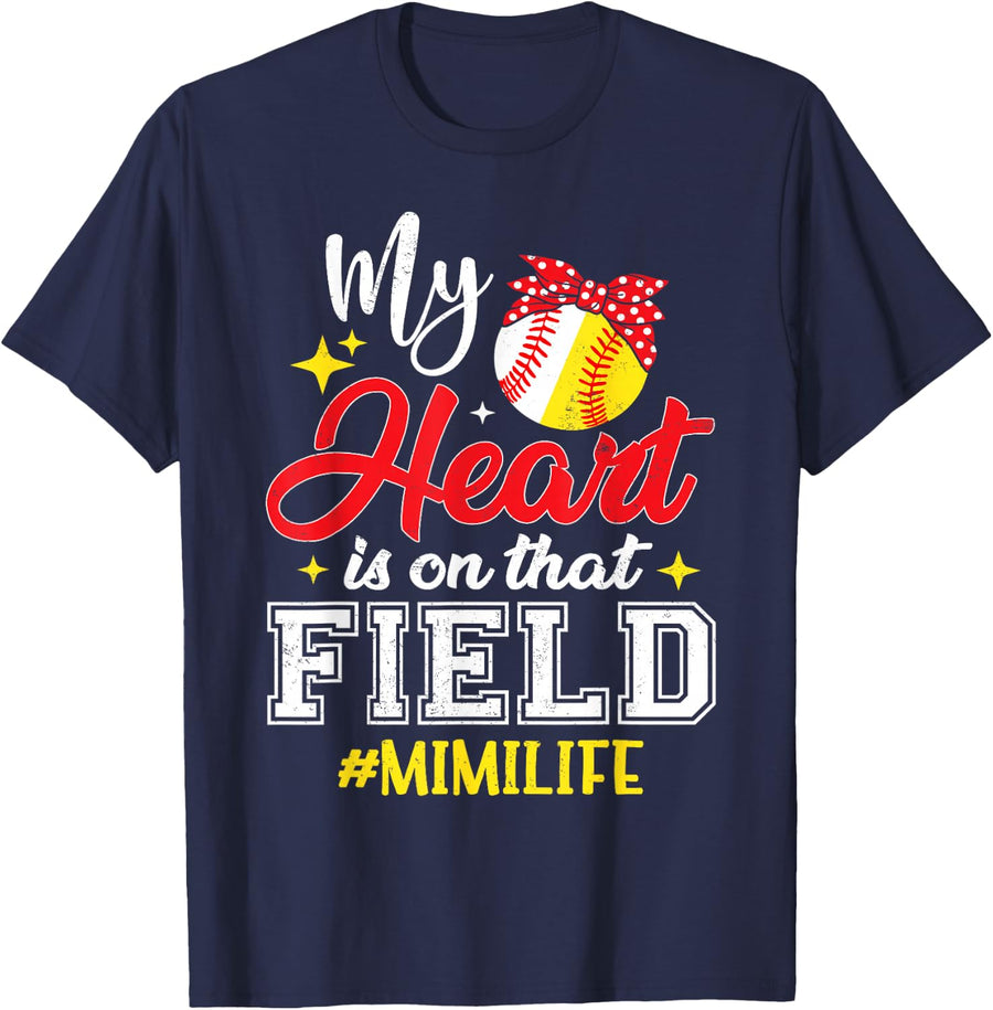 My Heart is on That Field Softball Baseball Mimi Tee T-Shirt for Grandma Game Day - Navy Blue