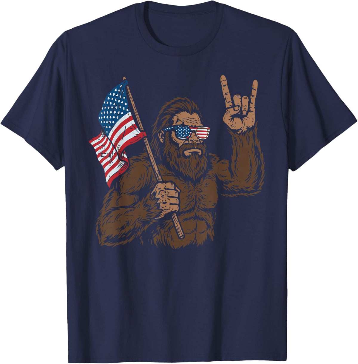 4th of July Bigfoot Rock Hand US Flag Sasquatch Men Boy Kids T-Shirt - Navy Blue