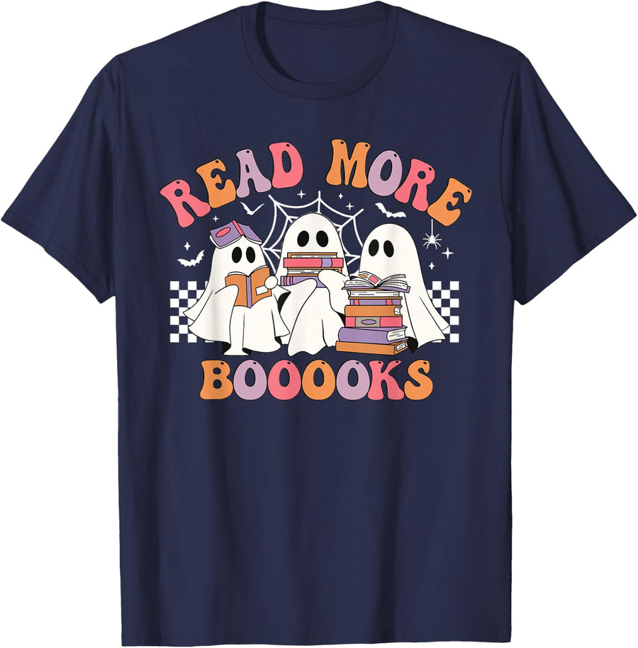 Cute Read More Booooooks Ghost Read More Books Halloween T-Shirt - Navy Blue