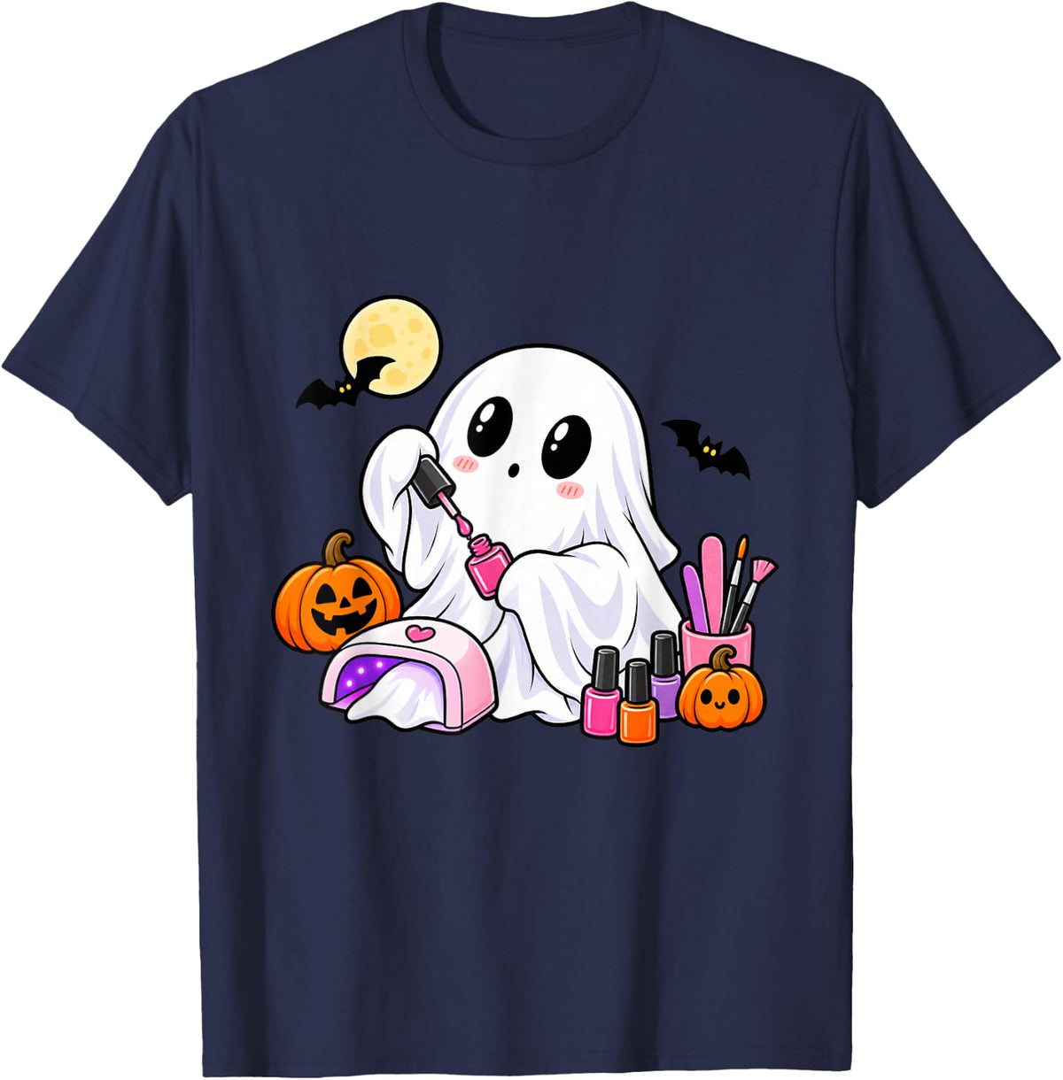 Cute Halloween Nail Tech Ghost Manicure Pumpkin Graphic T-Shirt - Navy Blue