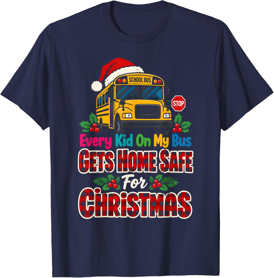 Every Kid Home Safe School Bus Driver Christmas Plaid T-Shirt - Navy Blue
