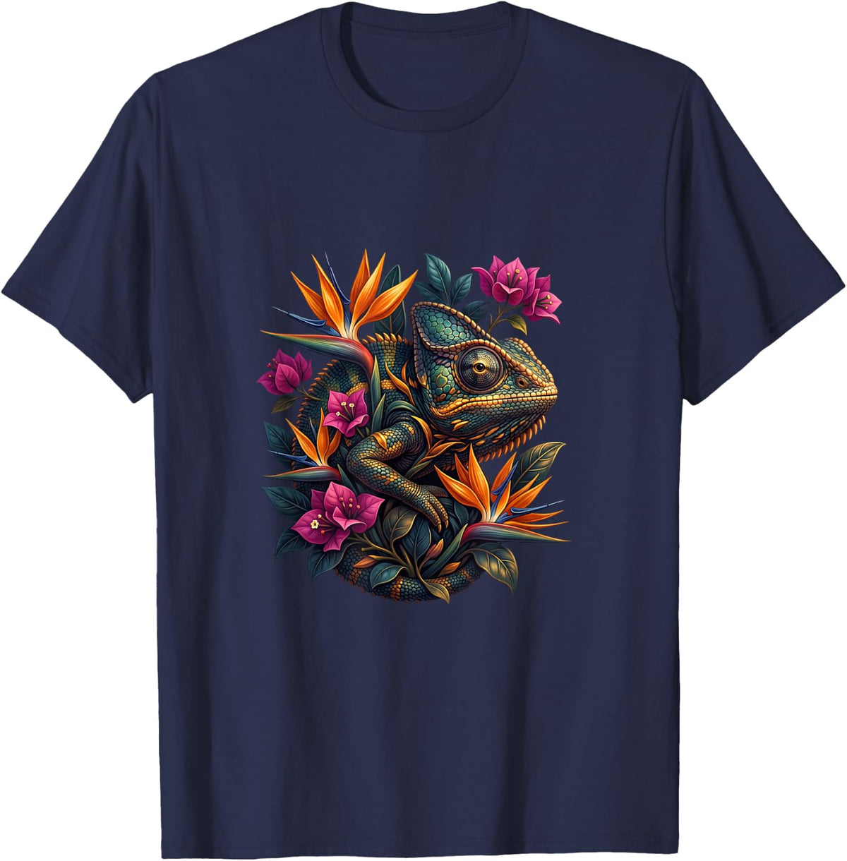 Chameleon with Bird of Paradise Flowers T-Shirt - Navy Blue