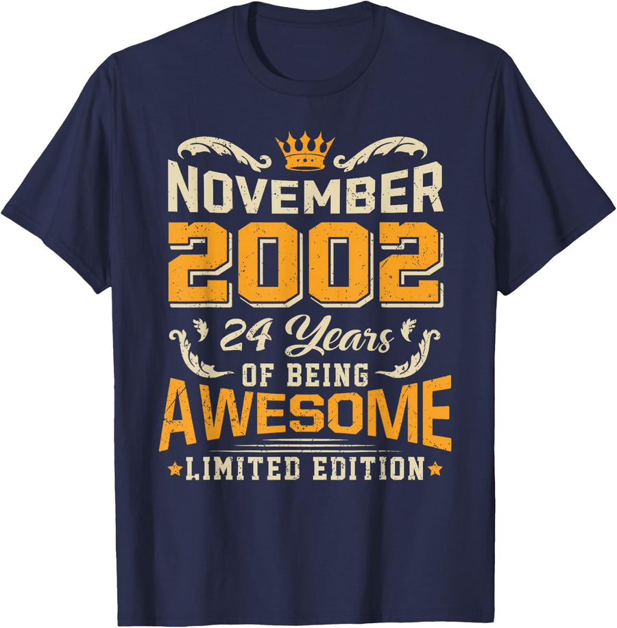 November 2002 Vintage 24 Years Awesome 24th Birthday T-Shirt - Navy Blue