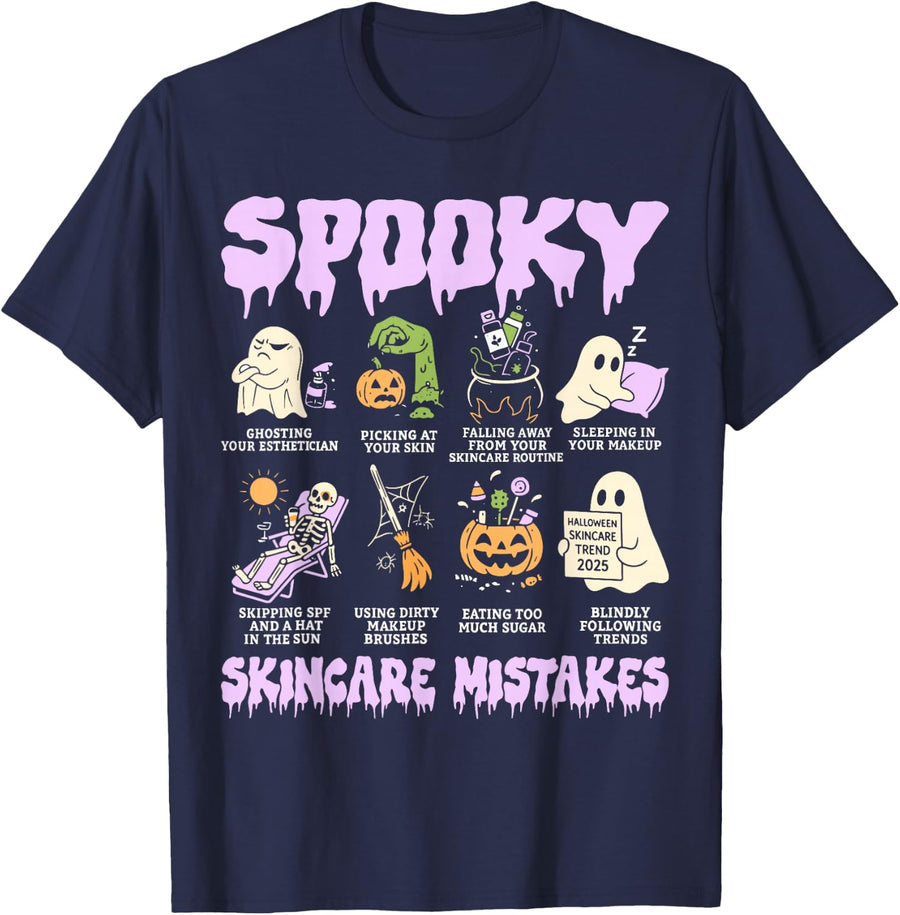 Spooky Skincare Mistakes Funny Halloween Beauty Gift T-Shirt - Navy Blue