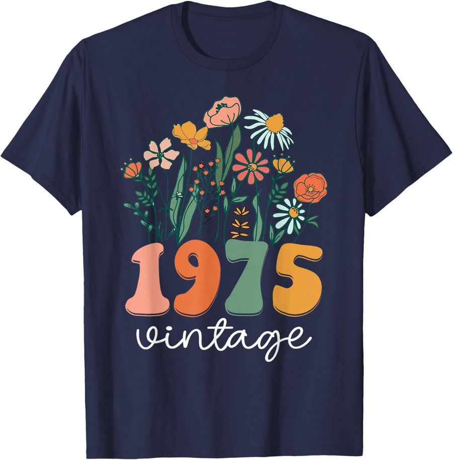 50 Years Old Vintage 1975 50th Women Birthday Wildflower T-Shirt - Navy Blue