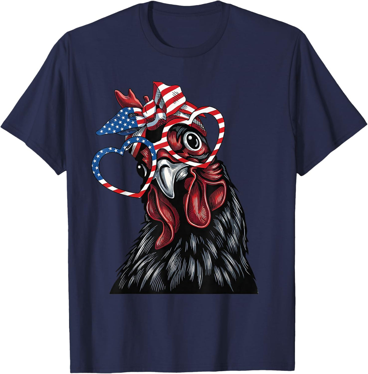 4th of July Patriotic Chicken American Flag Heart T-Shirt - Navy Blue