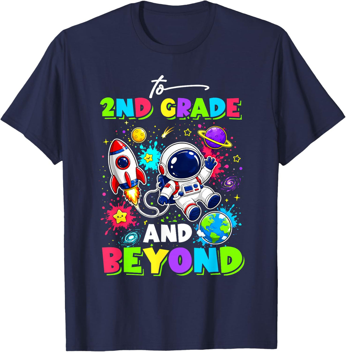 First Day of 2nd Grade Astronaut Space Back to School Boys T-Shirt - Navy Blue