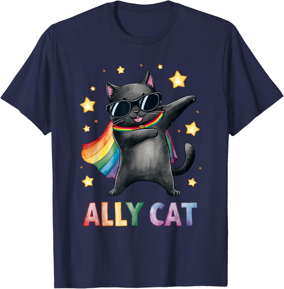 Gay Pride Month Ally Cat Funny LGBTQ Rainbow Men Women Kids T-Shirt - Navy Blue