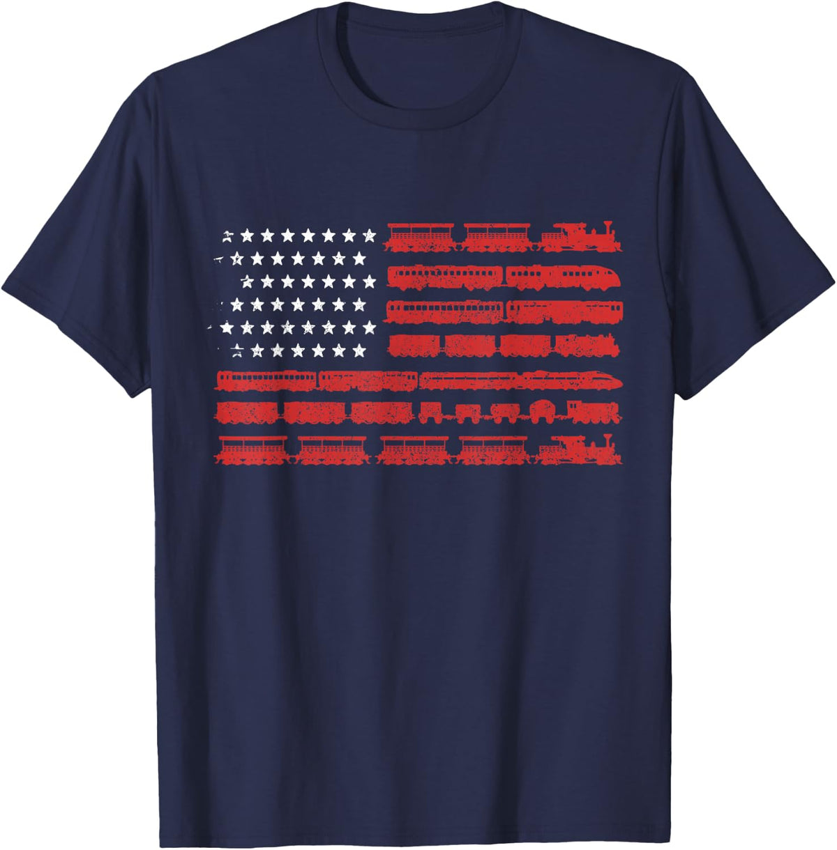 Train American Flag Patriotic Locomotive Railroad T-Shirt - Navy Blue