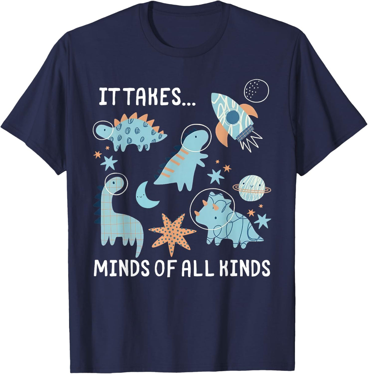 It Takes Minds of All Kinds Dinosaur Space SPED Teacher Team T-Shirt - Navy Blue