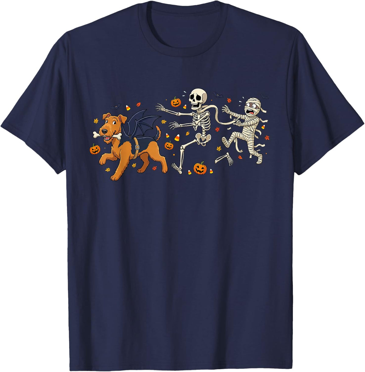 Airedale Terrier Skeleton Mummy Halloween Kids Mens Womens T-Shirt - Navy Blue