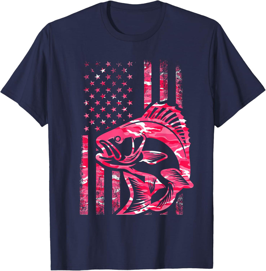 Pink Camo American Flag Fishing Shirt Women Bass Fishing T-Shirt - Navy Blue