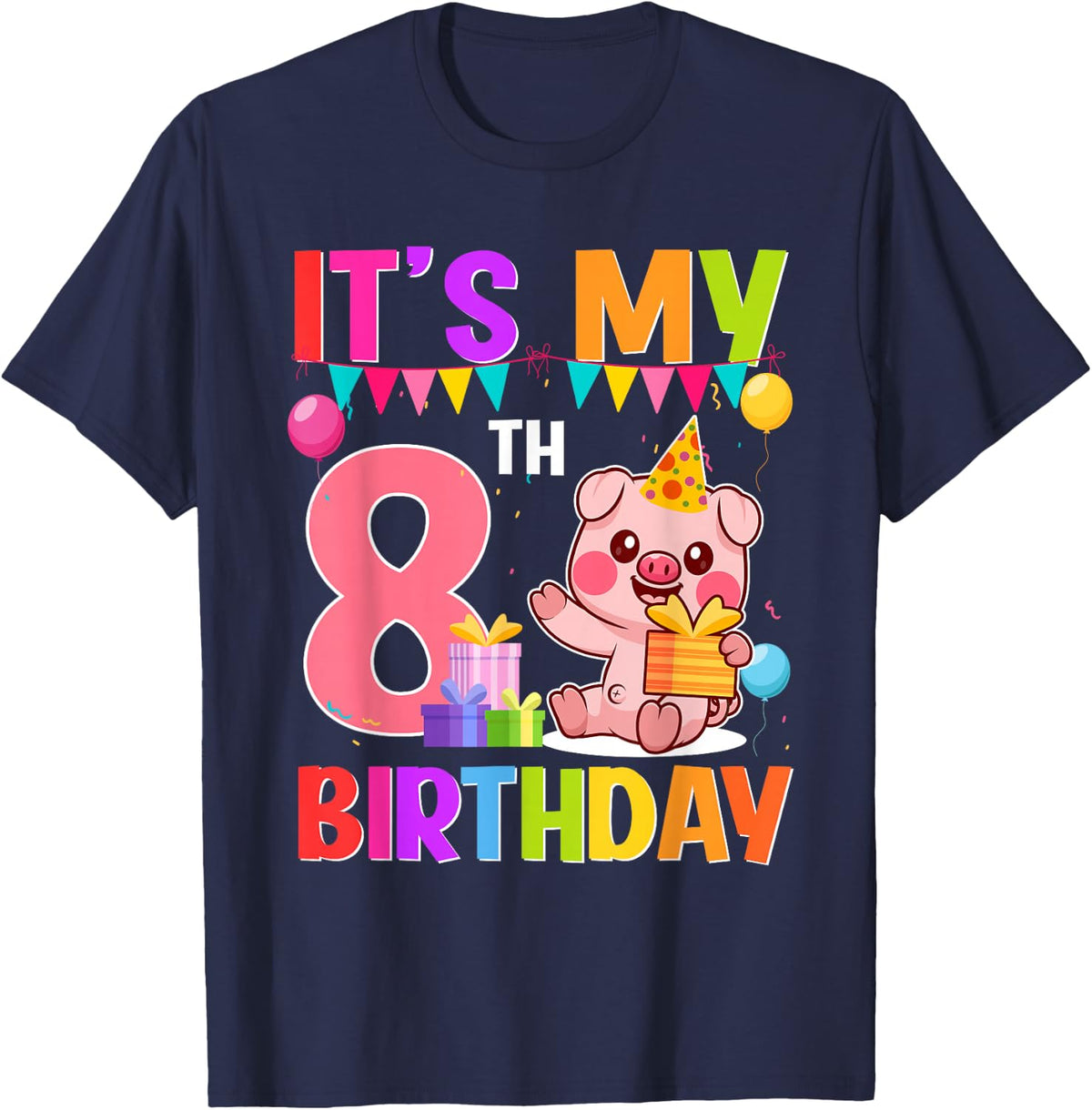 8 Years Old Birthday Pig Theme Party It's My 8th Birthday T-Shirt - Navy Blue
