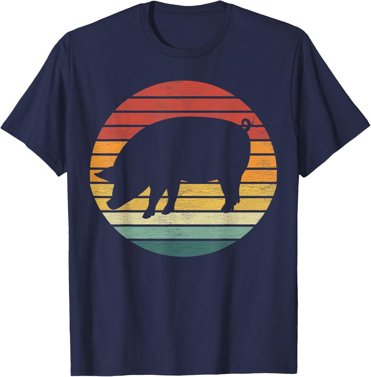 Pig Lover - Retro Sunset Pig T-Shirt - Navy Blue
