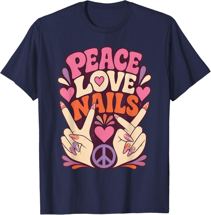 Retro Peace Love Nails Nail Tech Manicurist Salon T-Shirt - Navy Blue