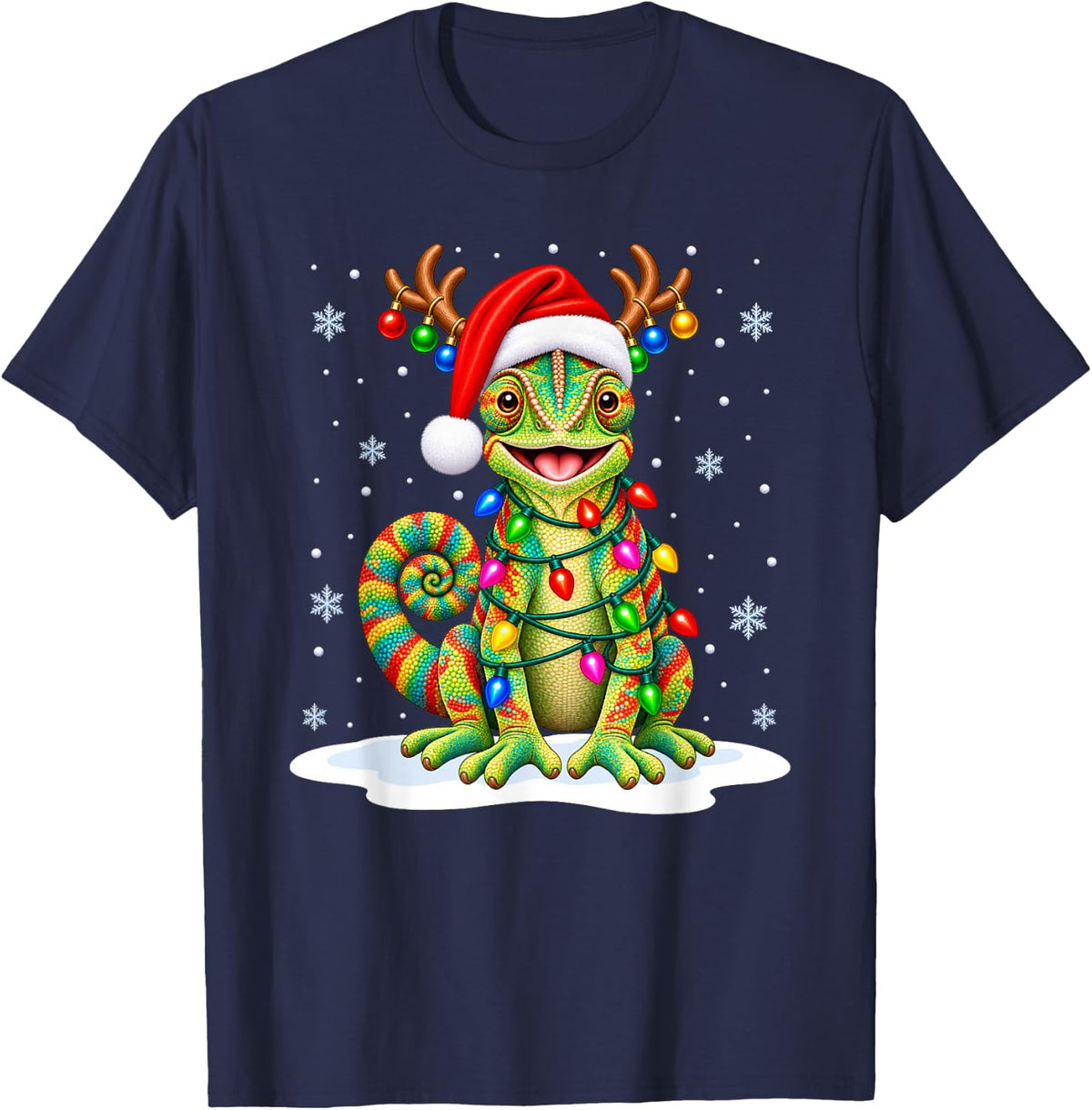 Chameleon Christmas Tree Lights Xmas Animal Lover T-Shirt - Navy Blue