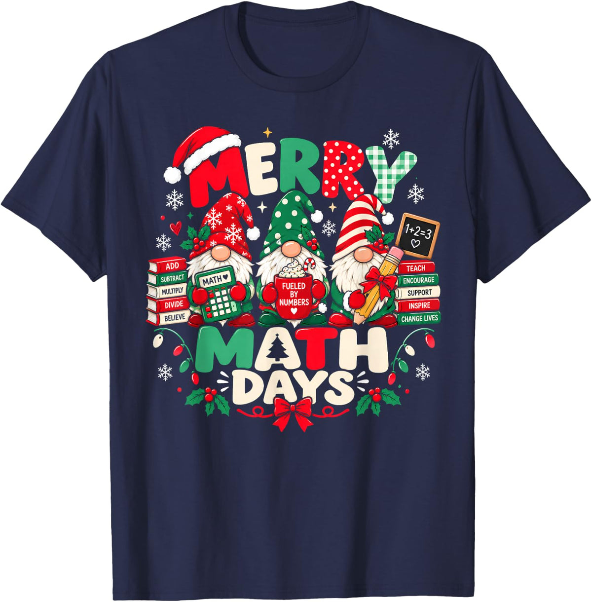 Merry Math Days Christmas Xmas Teacher Kids Gnome School T-Shirt - Navy Blue