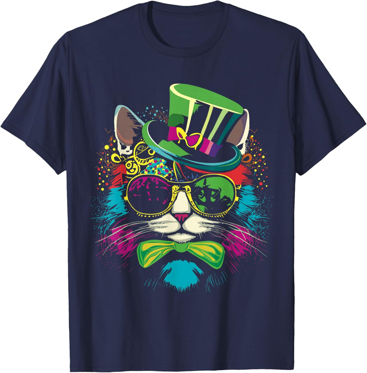 Mardi Gras Cat With Hat Glasses T-Shirt - Navy Blue